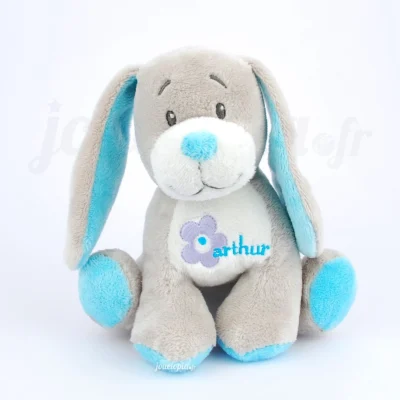 Doudou chien assis Arthur et Lola gris et bleu